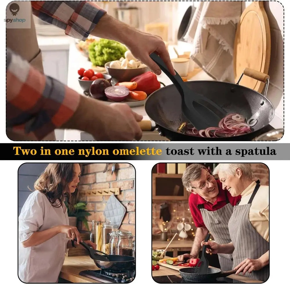 New 2 in 1 Grip Flip Spatula Tongs Egg Flipper Spatula Nylon Non Stick Coating Pancake Fish French Toast Omelet Making Tool Spy-shop.com