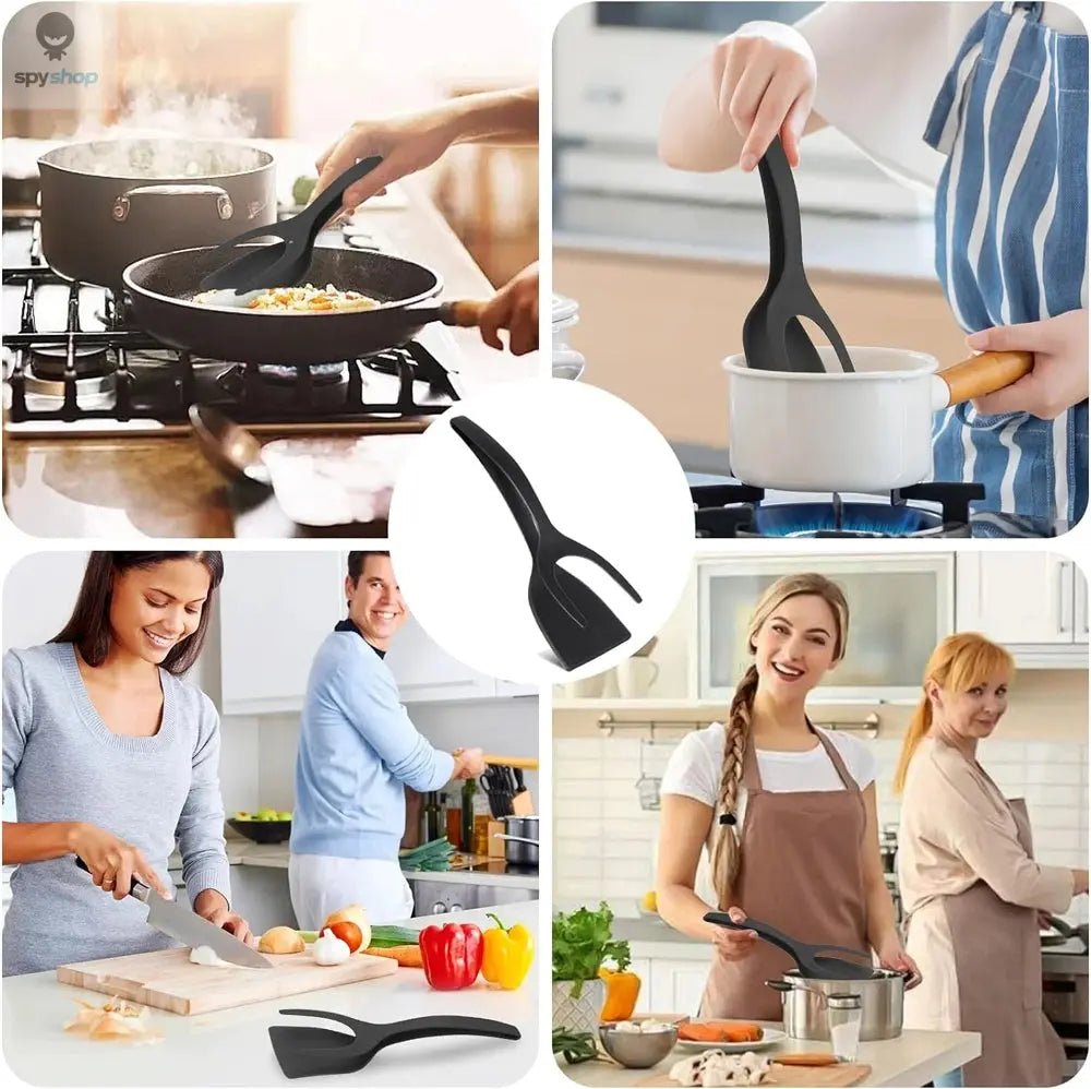 New 2 in 1 Grip Flip Spatula Tongs Egg Flipper Spatula Nylon Non Stick Coating Pancake Fish French Toast Omelet Making Tool Spy-shop.com