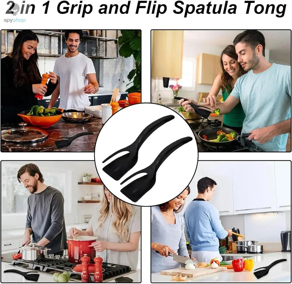 New 2 in 1 Grip Flip Spatula Tongs Egg Flipper Spatula Nylon Non Stick Coating Pancake Fish French Toast Omelet Making Tool Spy-shop.com