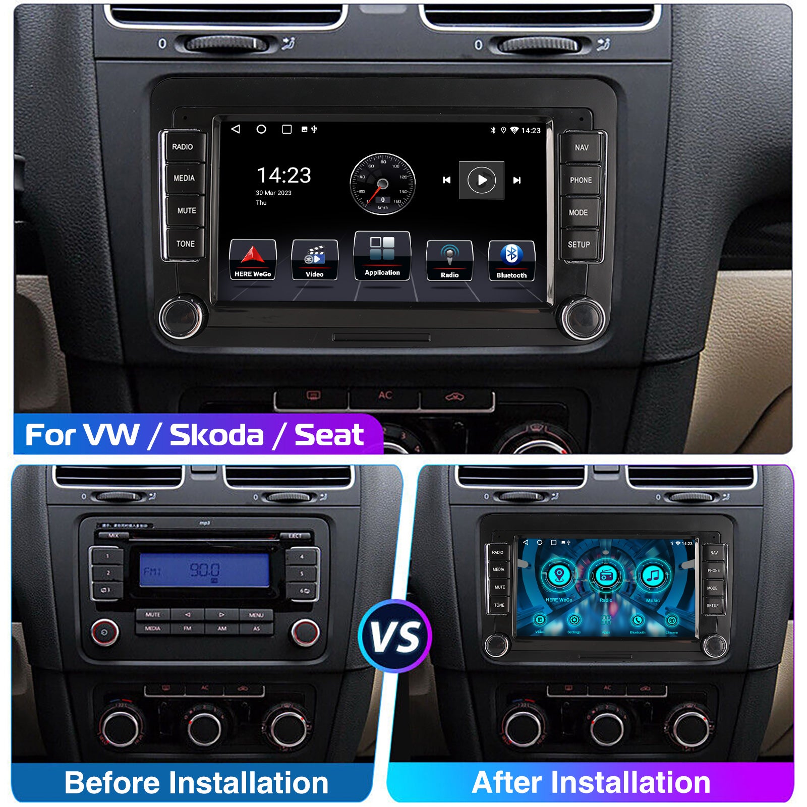 7" Android 14 Car Stereo for VW with CarPlay, GPS & Voice AI