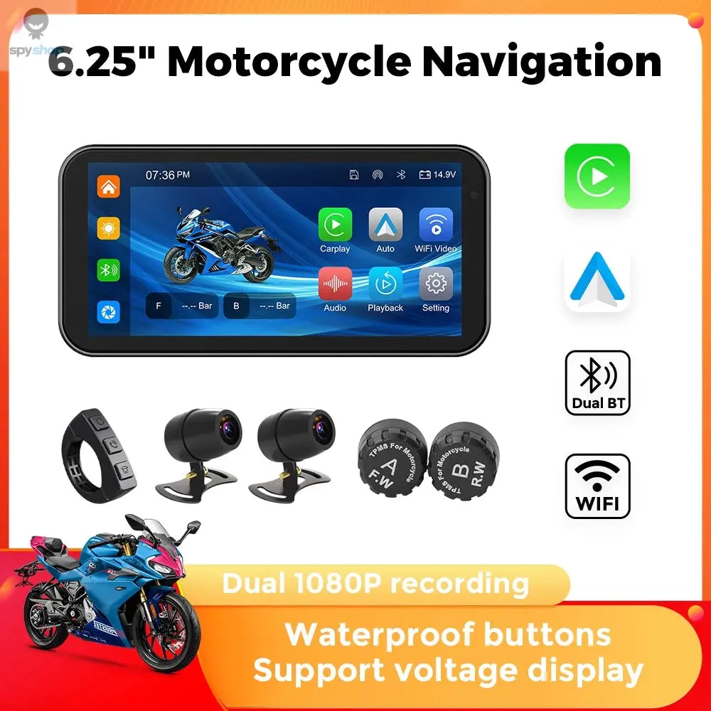 Portable 6.25 inch IP67 Waterproof Motorcycle GPS Navigation Wireless Carplay Android Auto DVR Drive Recorder Moto Monitor WIFI Spy-shop.com