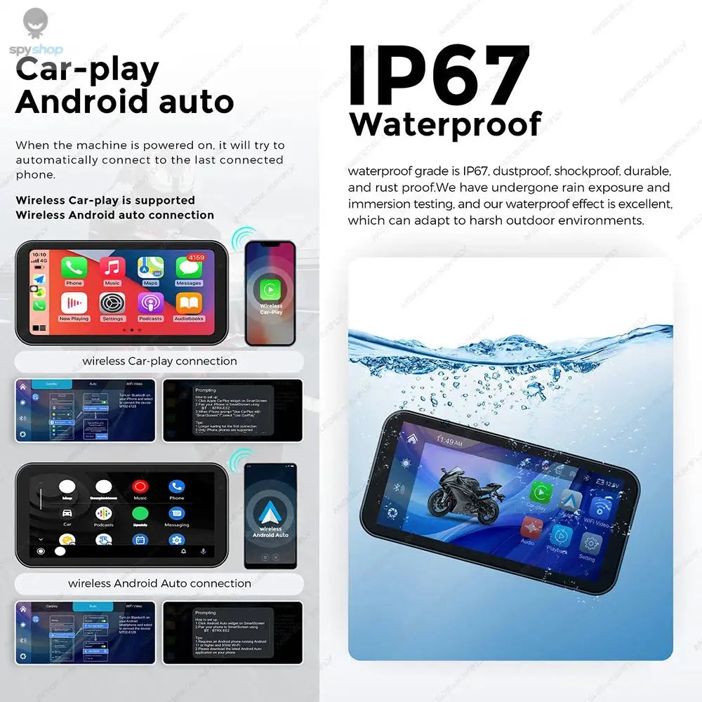 Portable 6.25 inch IP67 Waterproof Motorcycle GPS Navigation Wireless Carplay Android Auto DVR Drive Recorder Moto Monitor WIFI Spy-shop.com
