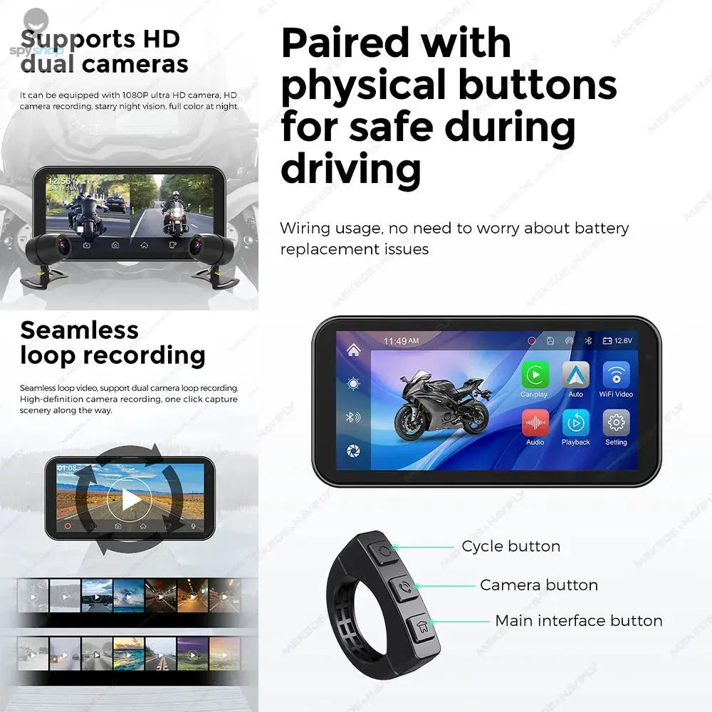 Portable 6.25 inch IP67 Waterproof Motorcycle GPS Navigation Wireless Carplay Android Auto DVR Drive Recorder Moto Monitor WIFI Spy-shop.com