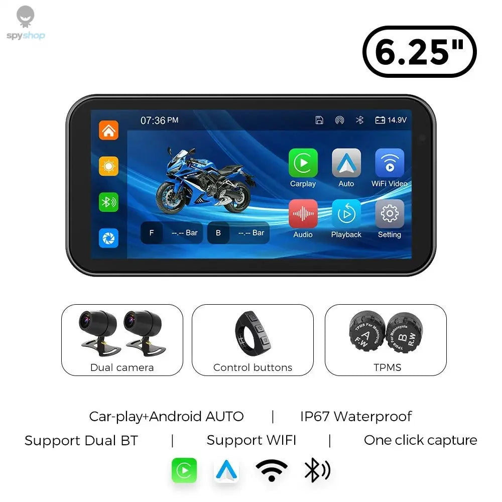 Portable 6.25 inch IP67 Waterproof Motorcycle GPS Navigation Wireless Carplay Android Auto DVR Drive Recorder Moto Monitor WIFI Spy-shop.com