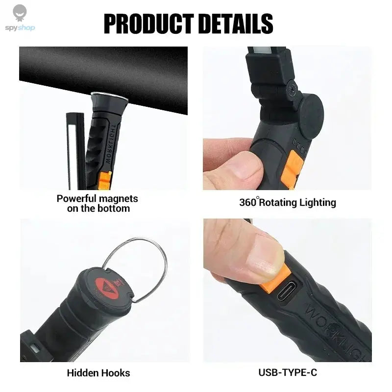 Portable COB LED Flashlight USB Rechargeable Work Light Magnetic Lanterna Hanging Lamp with Built-in Battery Camping Torch Spy-shop.com