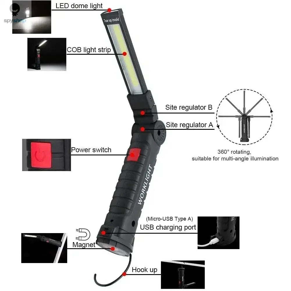 Portable COB LED Work Light USB Rechargeable LED Flashlight Inspection Lamp With Magnetic Hook Power Bank 18650 Battery Torch Spy-shop.com