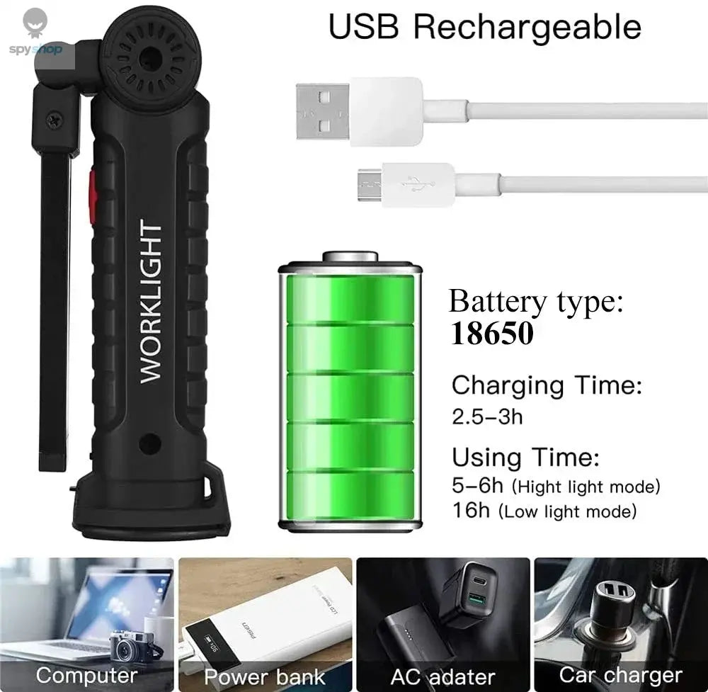 Portable COB LED Work Light USB Rechargeable LED Flashlight Inspection Lamp With Magnetic Hook Power Bank 18650 Battery Torch Spy-shop.com