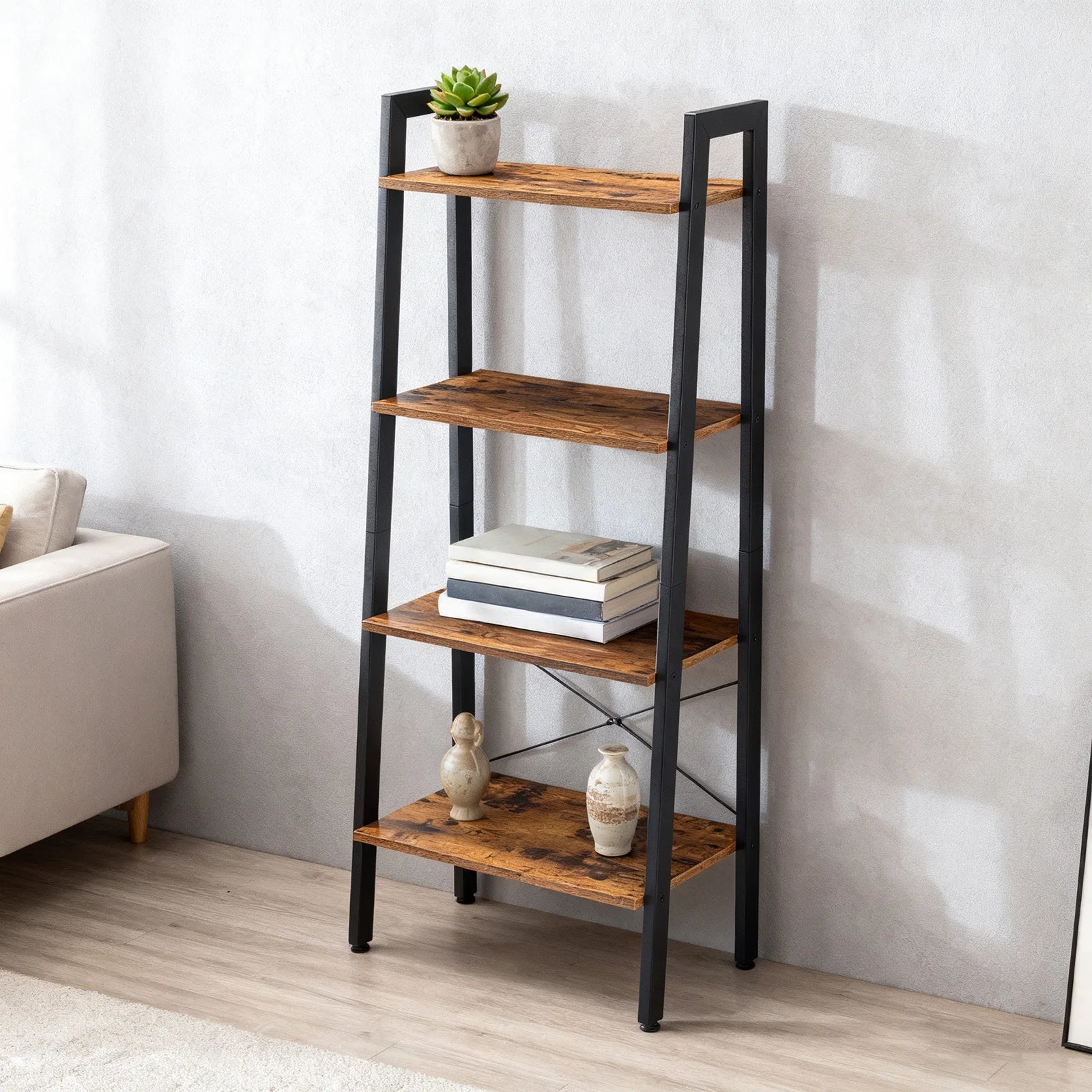 4-Tier Ladder Bookshelf with Wood Shelves and Metal Frame