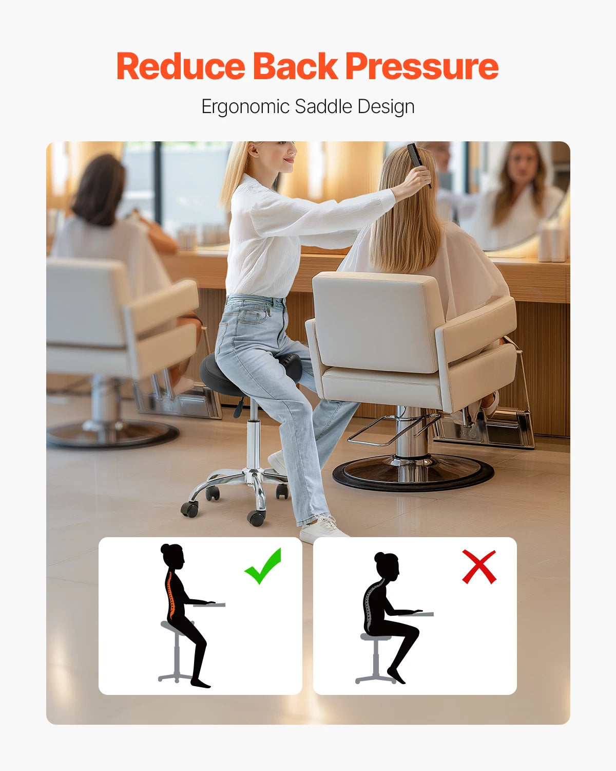 SucceBuy sedlo židle se kolečkami, nosnost 450 lb, výškově nastavitelná, ergonomická otočná sedací židle typu hřbetové sedlo pro kliniku, salón, tetování
