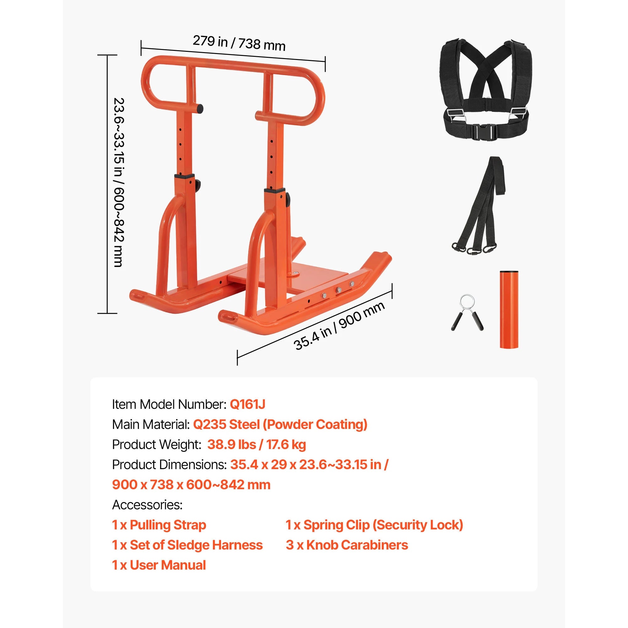 SucceBuy Weight Sled Steel Power Sled Fitness Training Sleds for Exercise with Adjustable Height Handle with 1/2 in Orange/Black