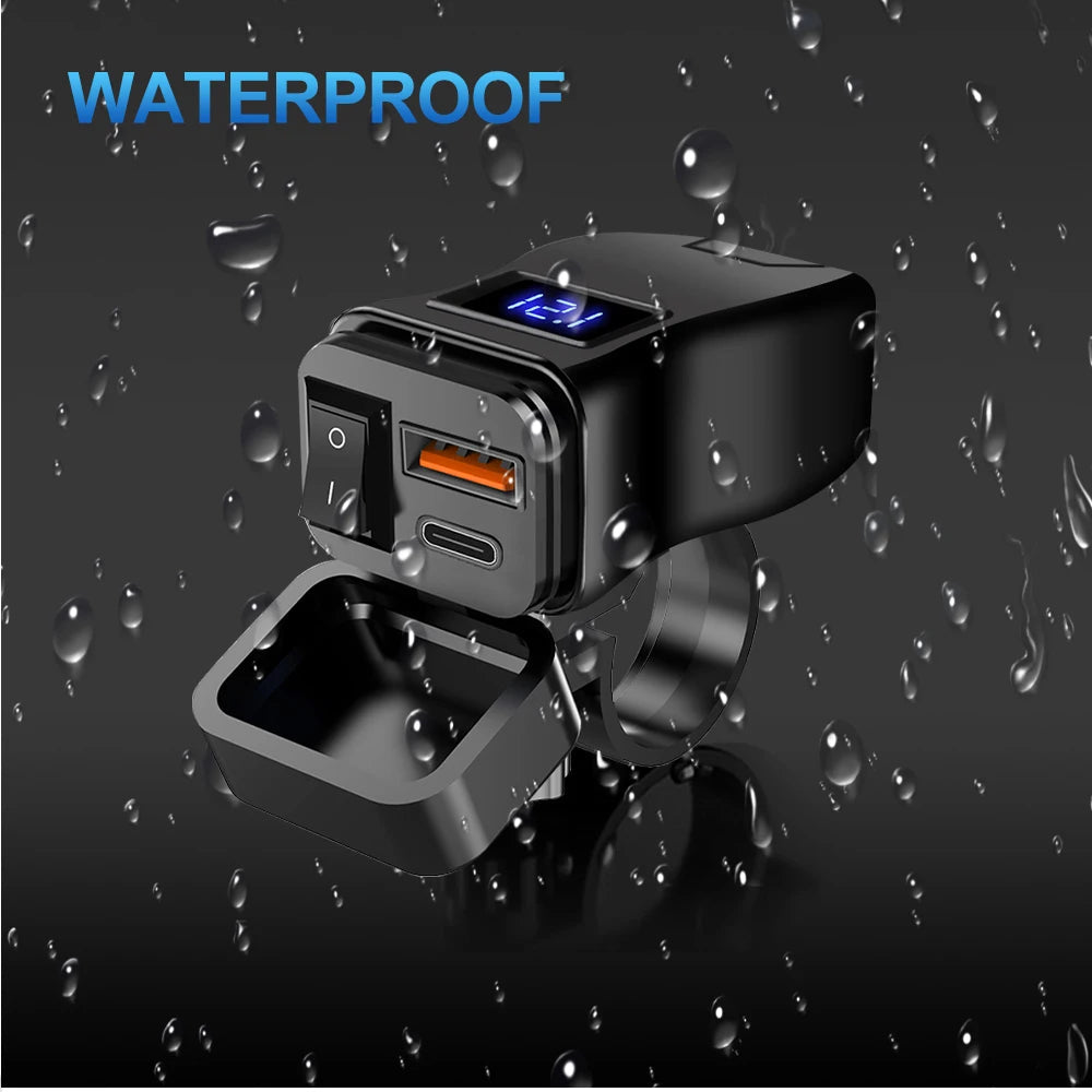 PD+QC3.0 Motorcycle USB Fast Charger 60W Handlebar Dual USB Socket with Switch Voltmeter Waterproof 12V Power Supply Adapter