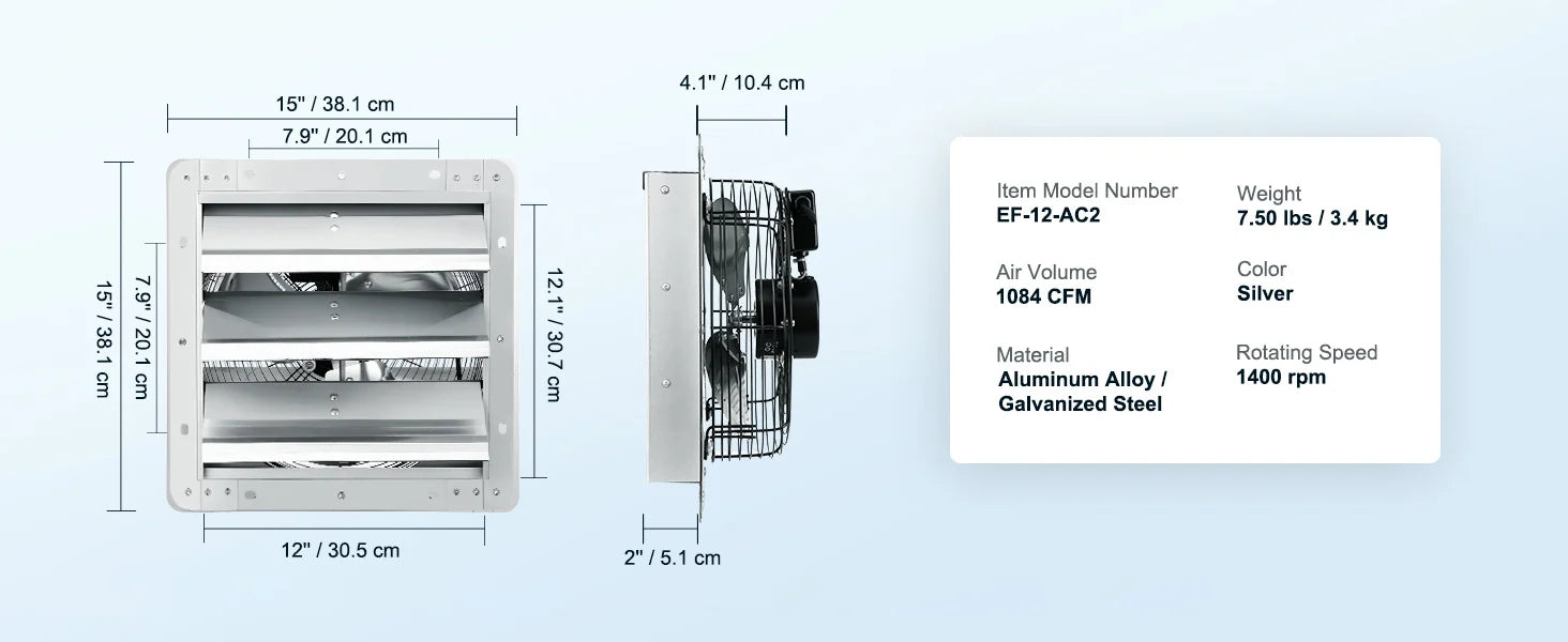 SucceBuy Shutter Exhaust Fan AC/ EC-motor 10-Speed Adjustable Wall Mount Attic Ventilation and Cooling for Greenhouses Garages