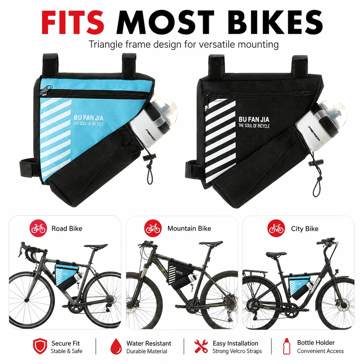 Bike Frame Bag with Bottle Holder, Water-Resistant