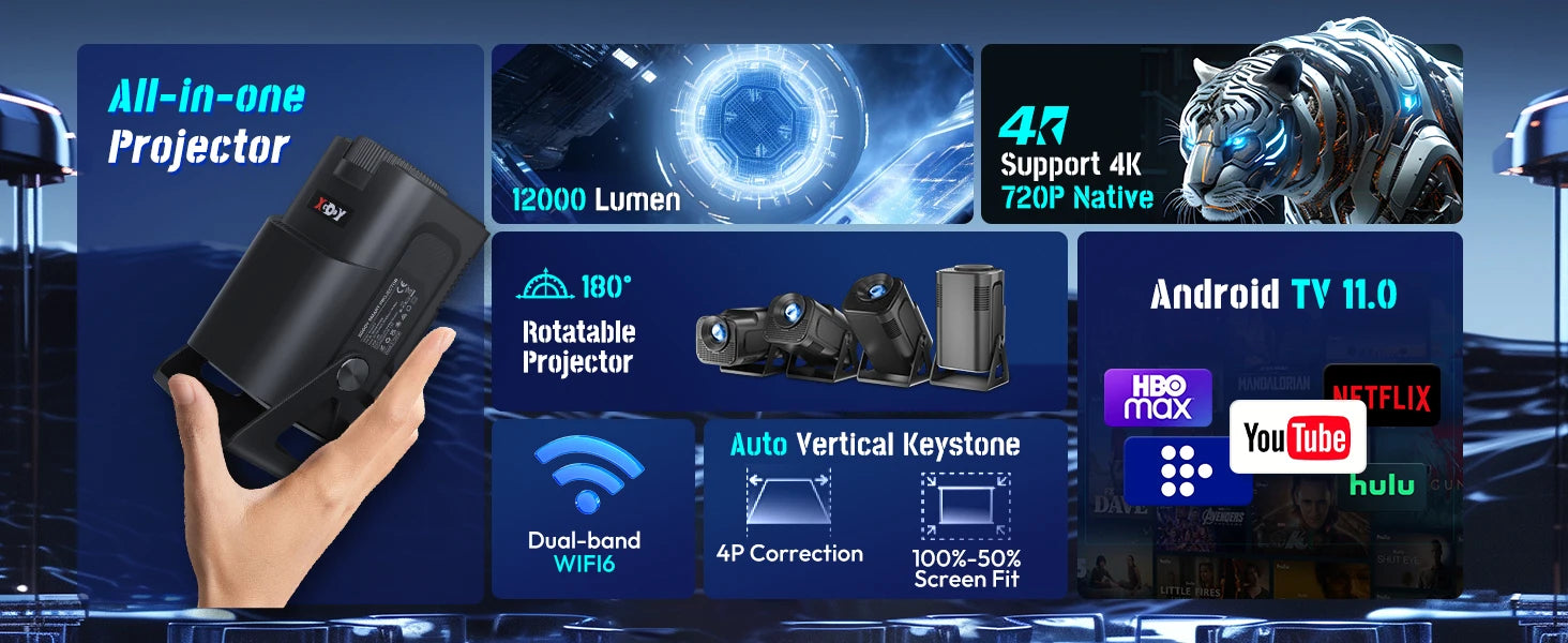 XGODY Projecteur Intelligent Portable 12000LM avec WiFi 6
