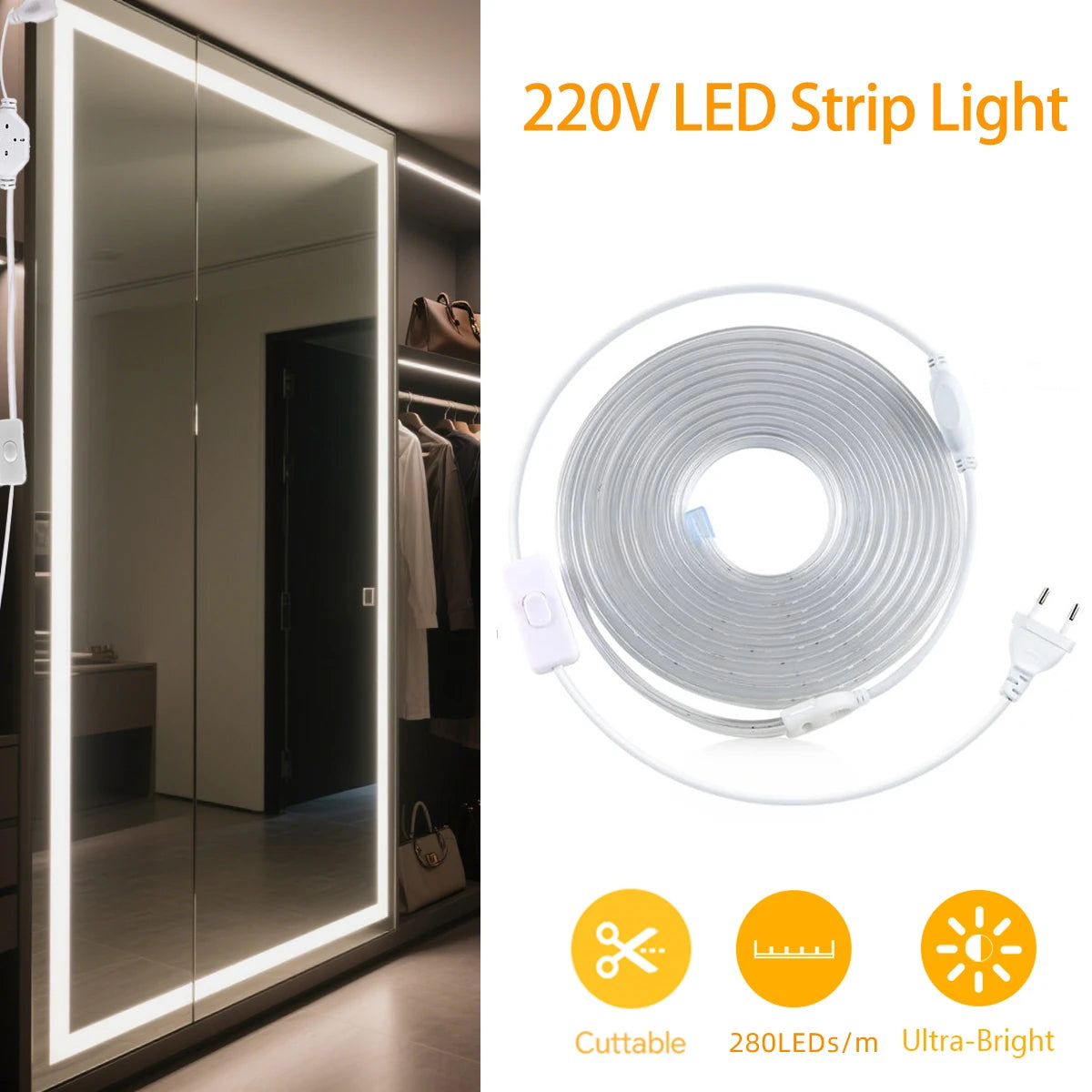 COB LED Strip Light with EU Plug, Cuttable, 1 to 20 m