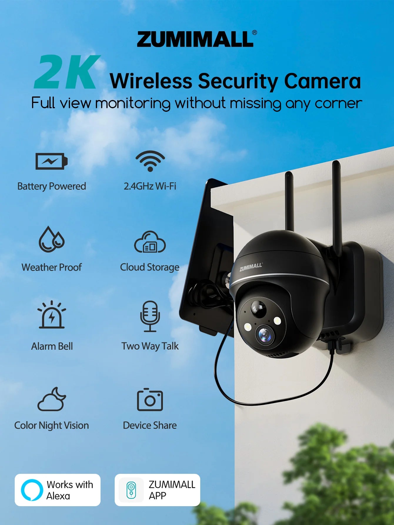 ZUMIMALL bežična sigurnosna kamera s baterijom 3MP noćni vid