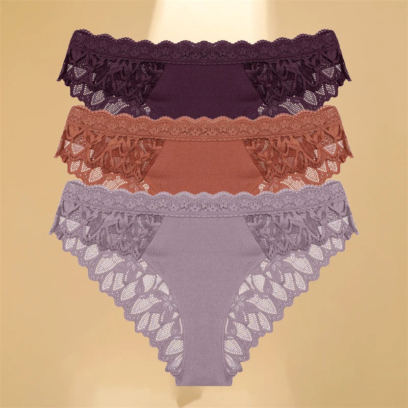 FINETOO 3Pcs Lace Hollow Out Underwear for Women Sexy Low-Waist Floral Briefs Female Invisible Breathable Lingerie Soft Intimate