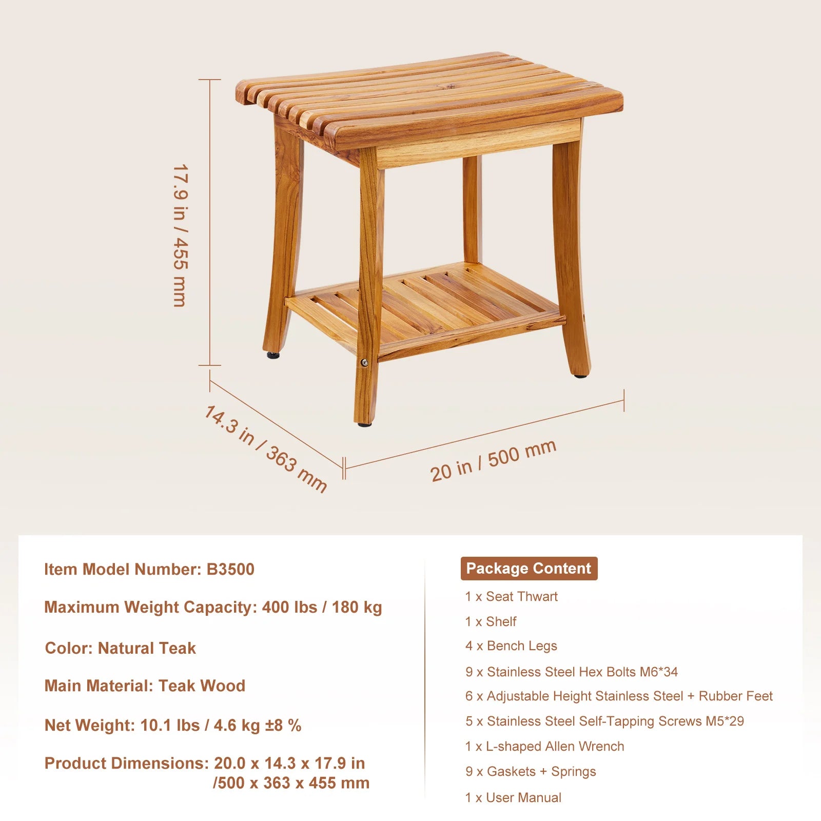 Bamboo Shower Bench with Storage Shelf 330lb Capacity Stool