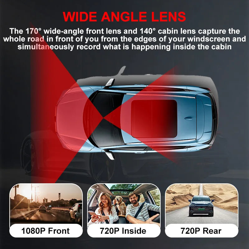 3 Channel WiFi Dash Cam Front Inside Rear 1080P Night Vision DVR
