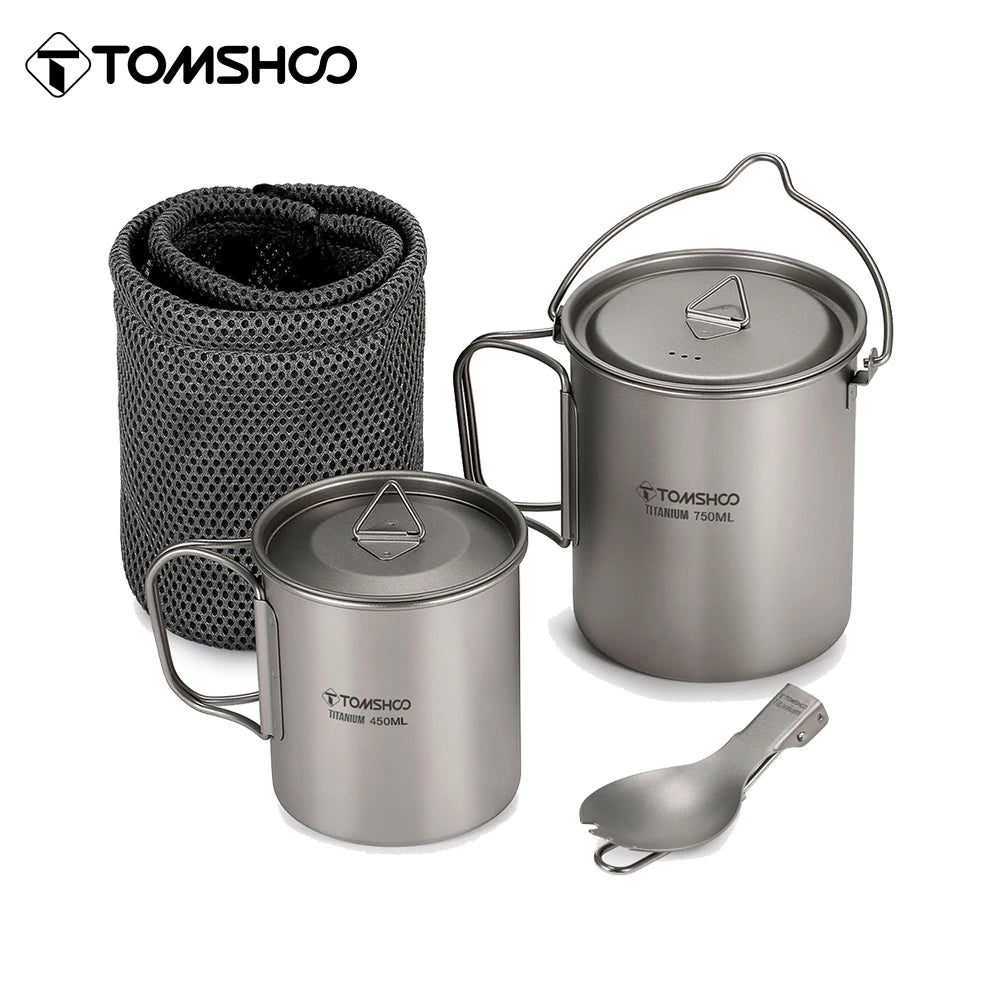 3-Piece Titanium Cookware Set with 750ml Pot, 450ml Cup, Folding Spork