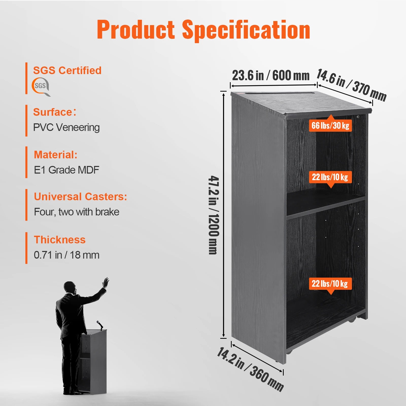 47" Rolling Podium Stand with Shelves and Tilted Desktop