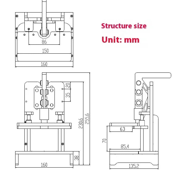Fixture de test PCB avec zone de travail 150 x 85 mm