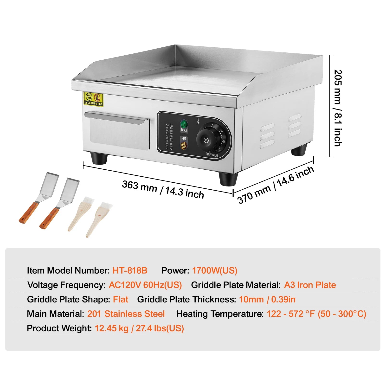 Commercial Electric Griddle 122–572°F Flat Top Countertop Grill
