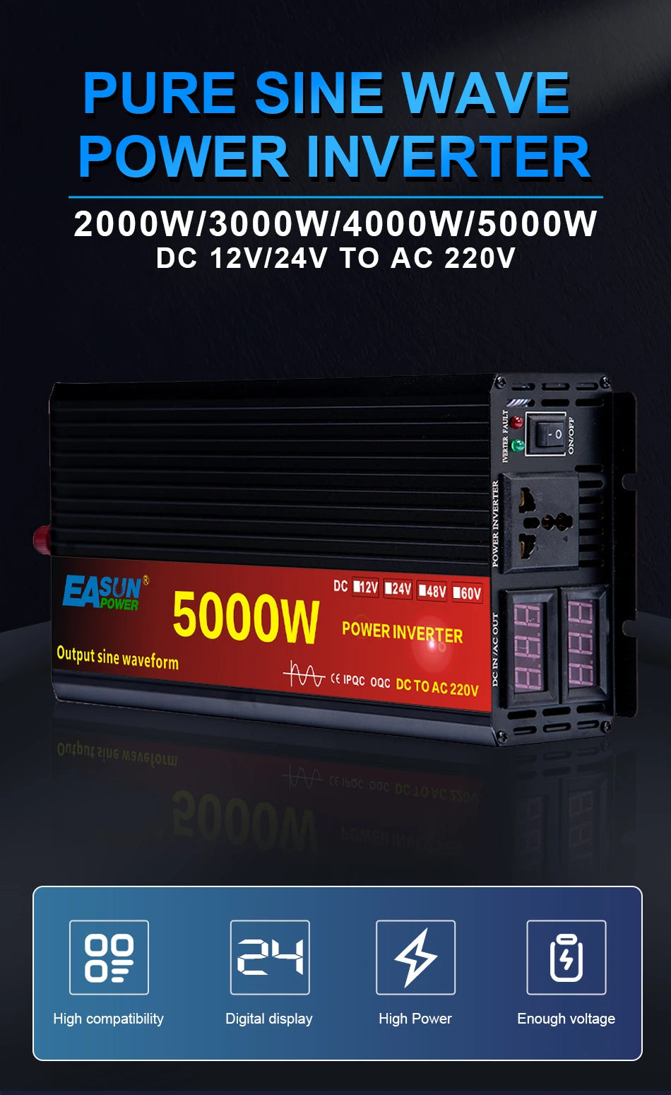 Pure Sine Wave Power Inverter 12V/24V to 220V 3000W-5000W