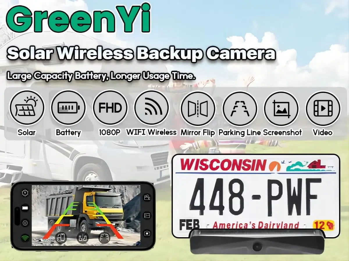 GreenYi Wireless Solar Energy 5G WiFi HD 1080P Rear/Front License Camera with Built-in 4800mAh Battery for iPhone For Car Van RV
