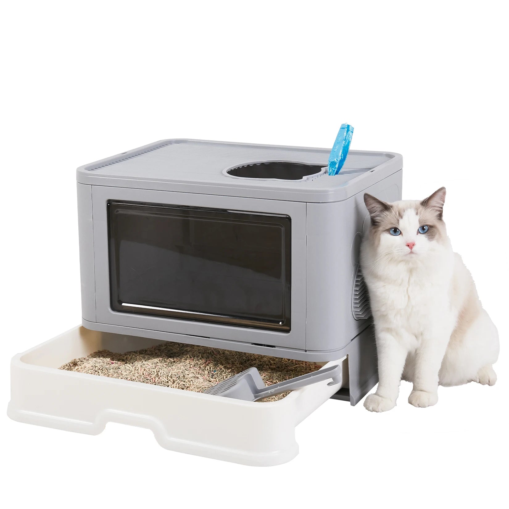 Foldable Cat Litter Box with Front Entry and Top Exit