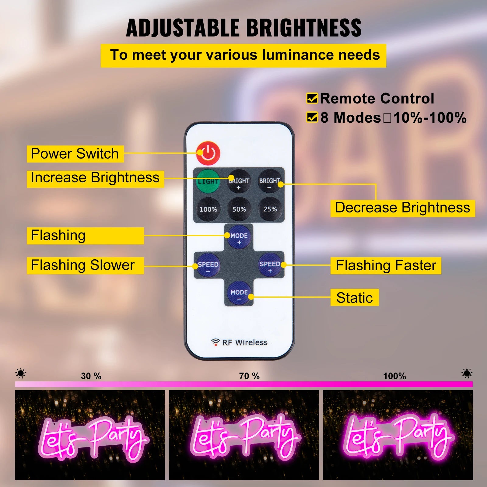 LED “Let’s Party” Neon Sign with Remote & Adjustable Brightness