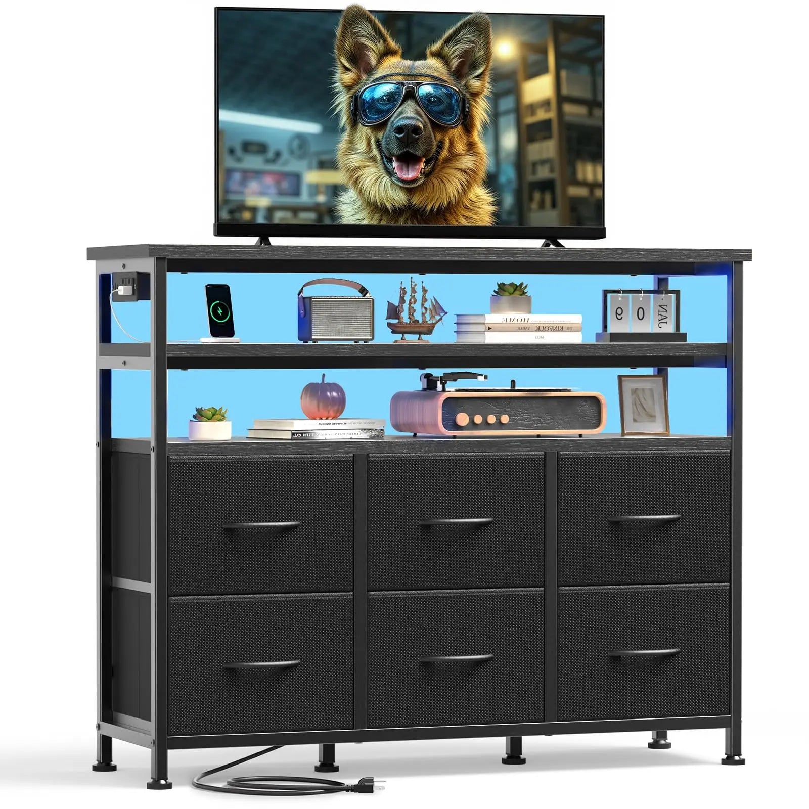 TV Stand with 6 Drawers, Charging Station & LED Lights for up to 45" TVs