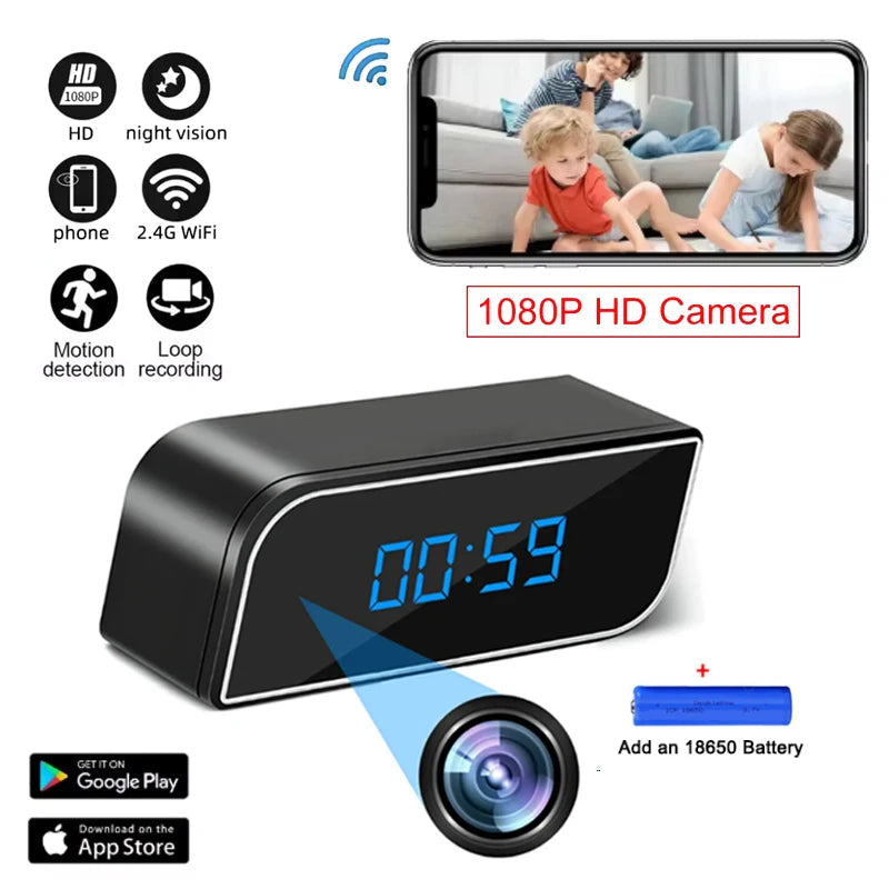 1080P full HD mini clock camera, wireless WiFi, night vision, motion detection, home security monitoring
