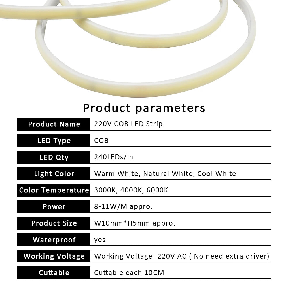 220V COB LED-stripe, 240 lysdioder per meter
