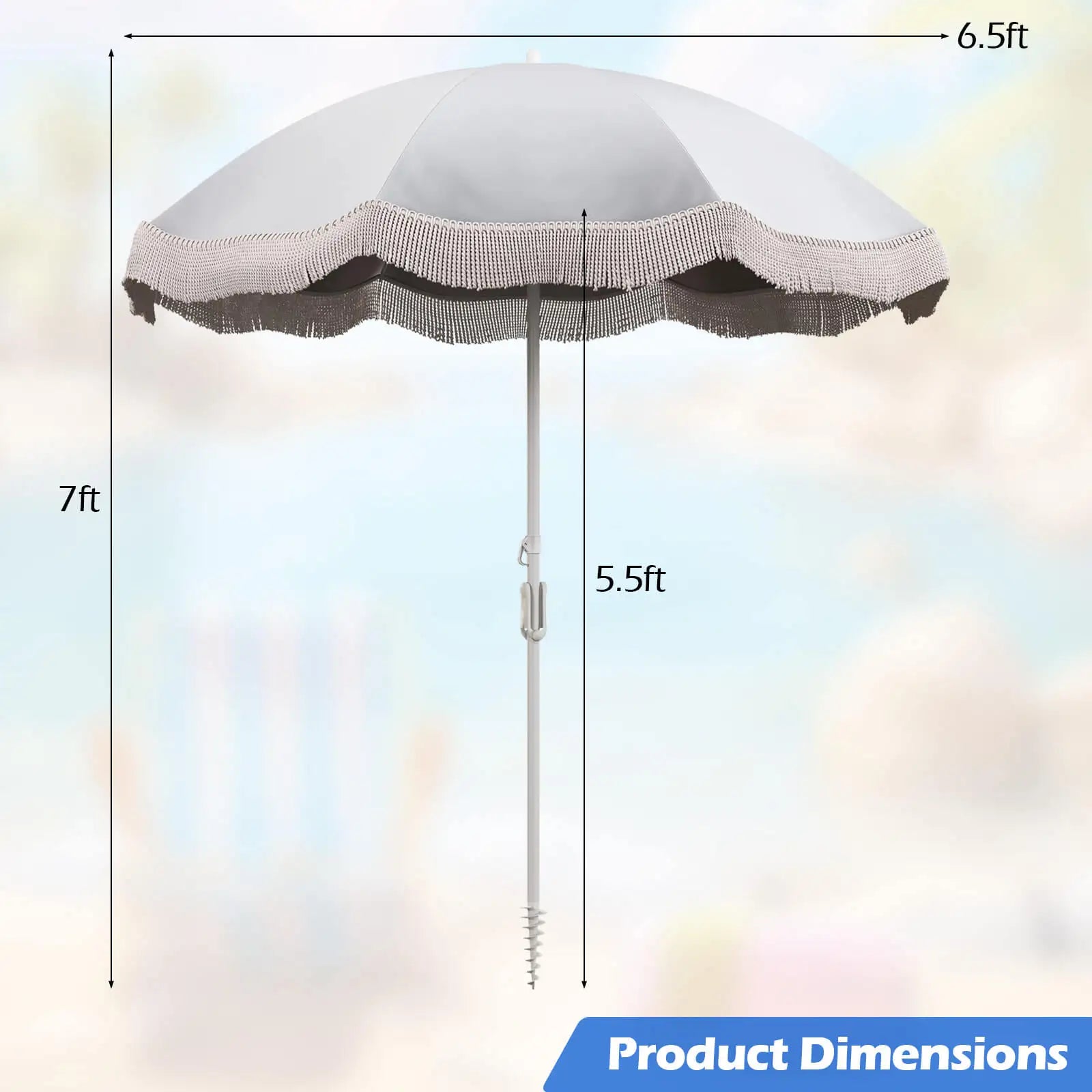 6.5 FT Patio Fringe Umbrella with Push-Button Tilt and Carry Bag
