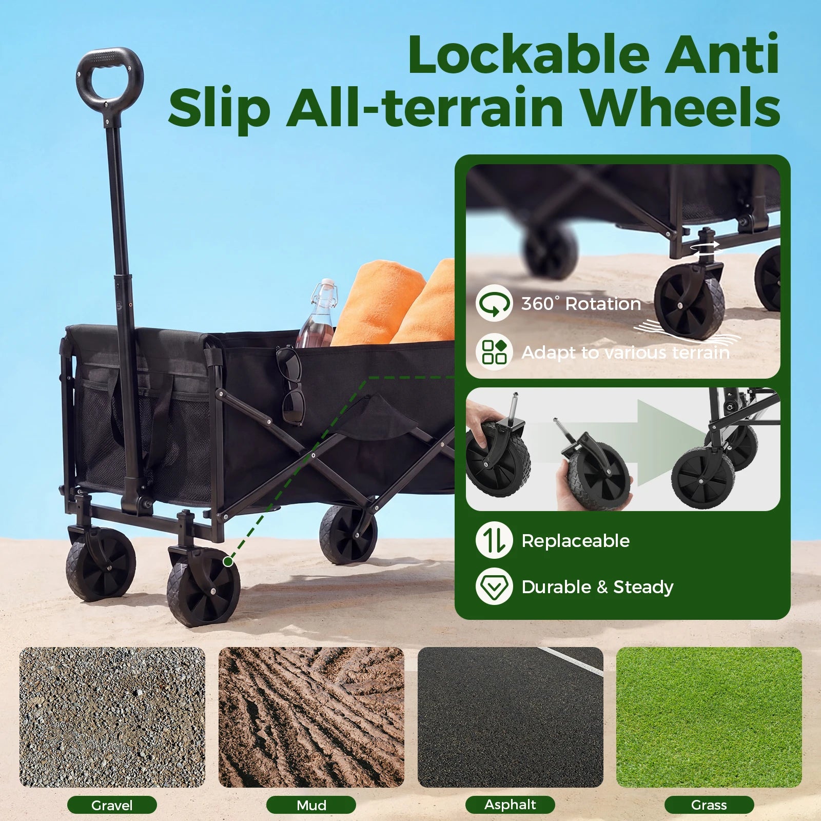 67L Collapsible Wagon Cart with Wheels, 220 lb Heavy Duty Capacity