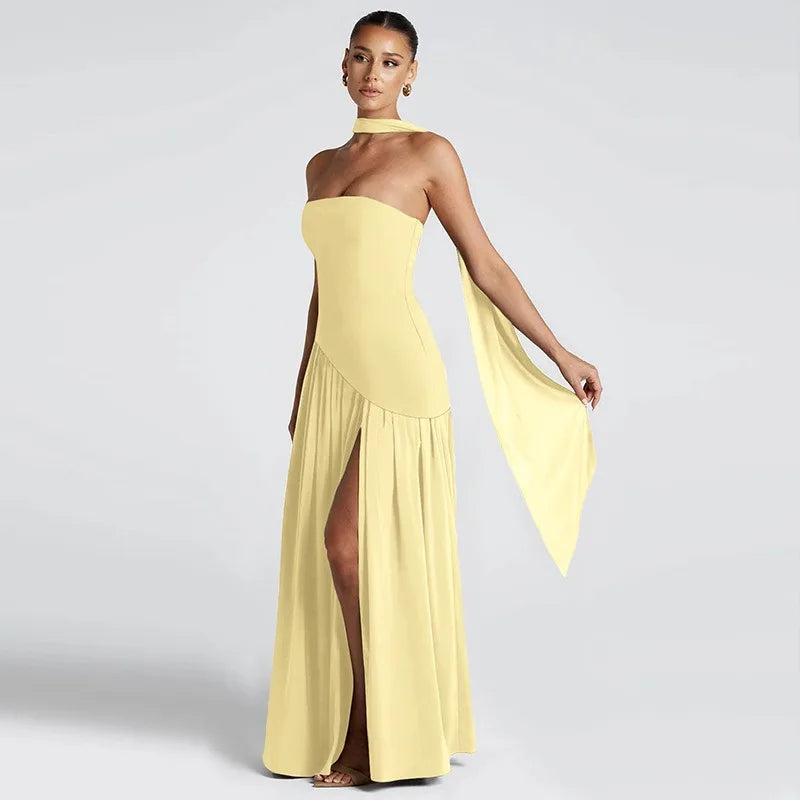 Elegant Strapless Floor-Length Women’s Slit Backless Evening Dress