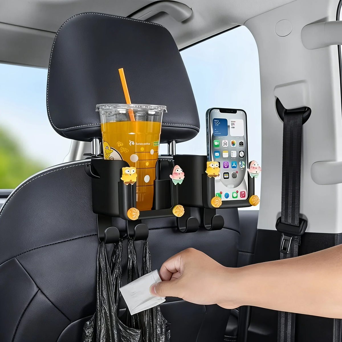Suporte para copos e telemóvel com gancho para encosto de banco de automóvel
