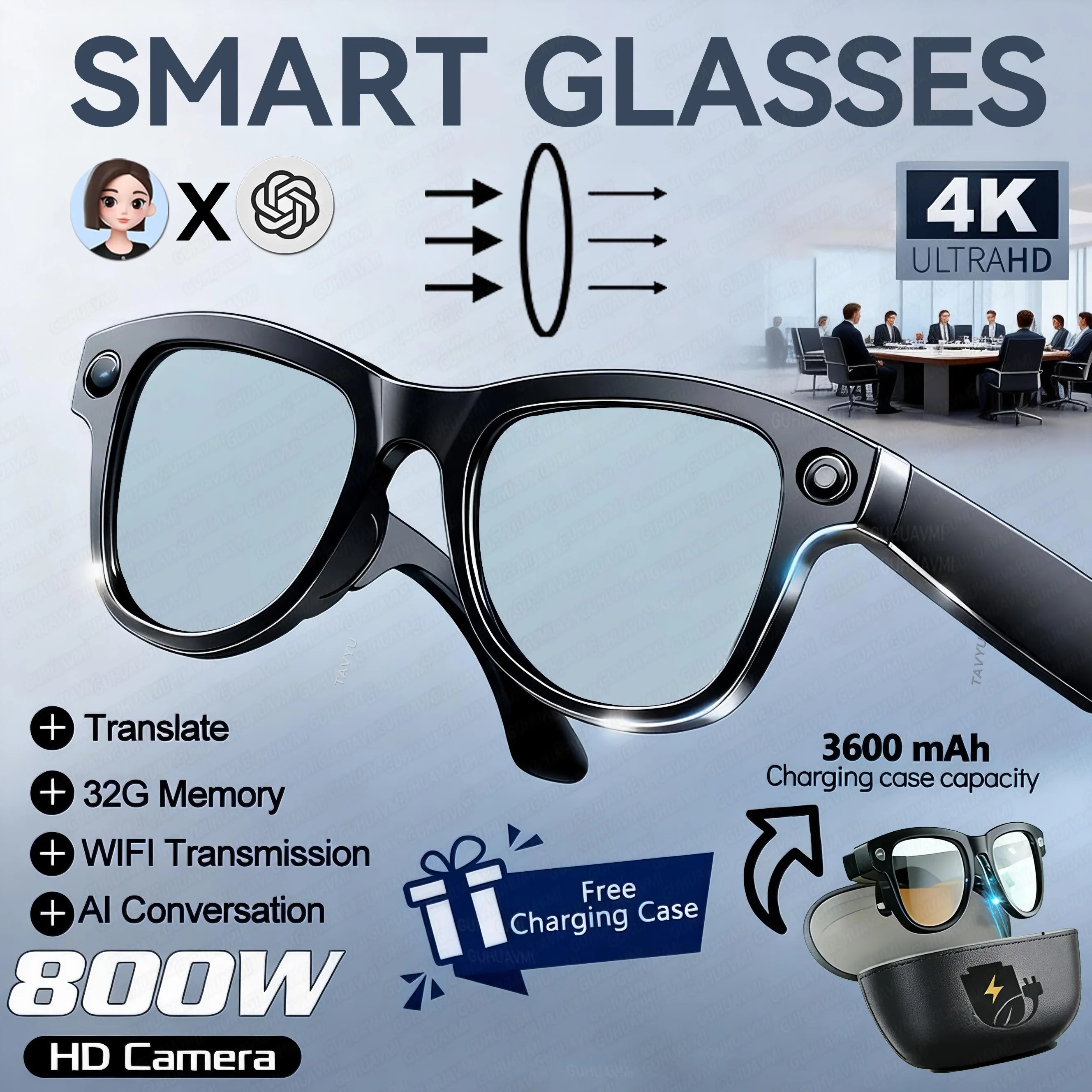 Óculos inteligentes 2026 com AI 1080p, câmera HD, M02, Ultra, ChatGPT, estojo de carregamento de 3600 mAh, banco de energia, 32 GB, tradução, música, vídeo, óculos de sol