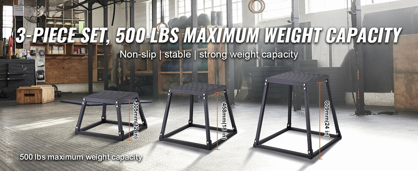 Set di 3 Box Plyometrici per Salti 12/18/24 Pollici con Piattaforma in Acciaio Antiscivolo