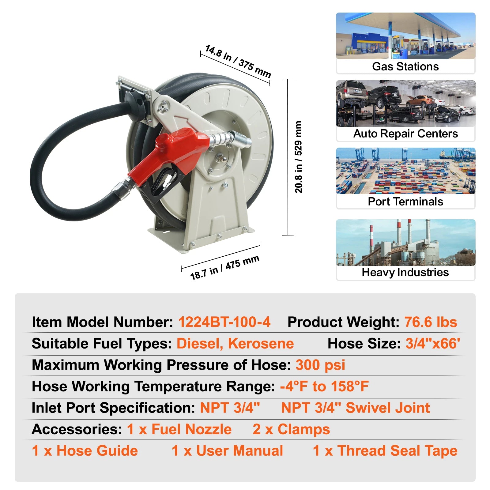 Retractable Fuel Hose Reel with Auto Rewind, 33–66ft Options