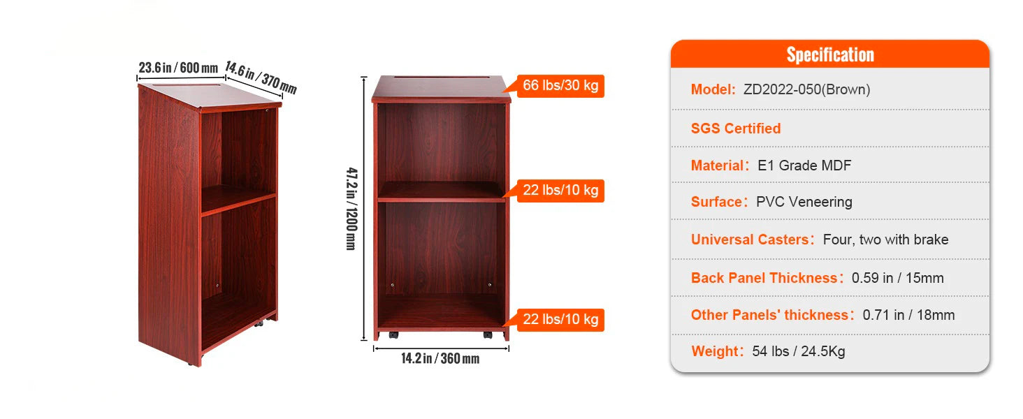 47" Rolling Podium Stand with Shelves and Tilted Desktop