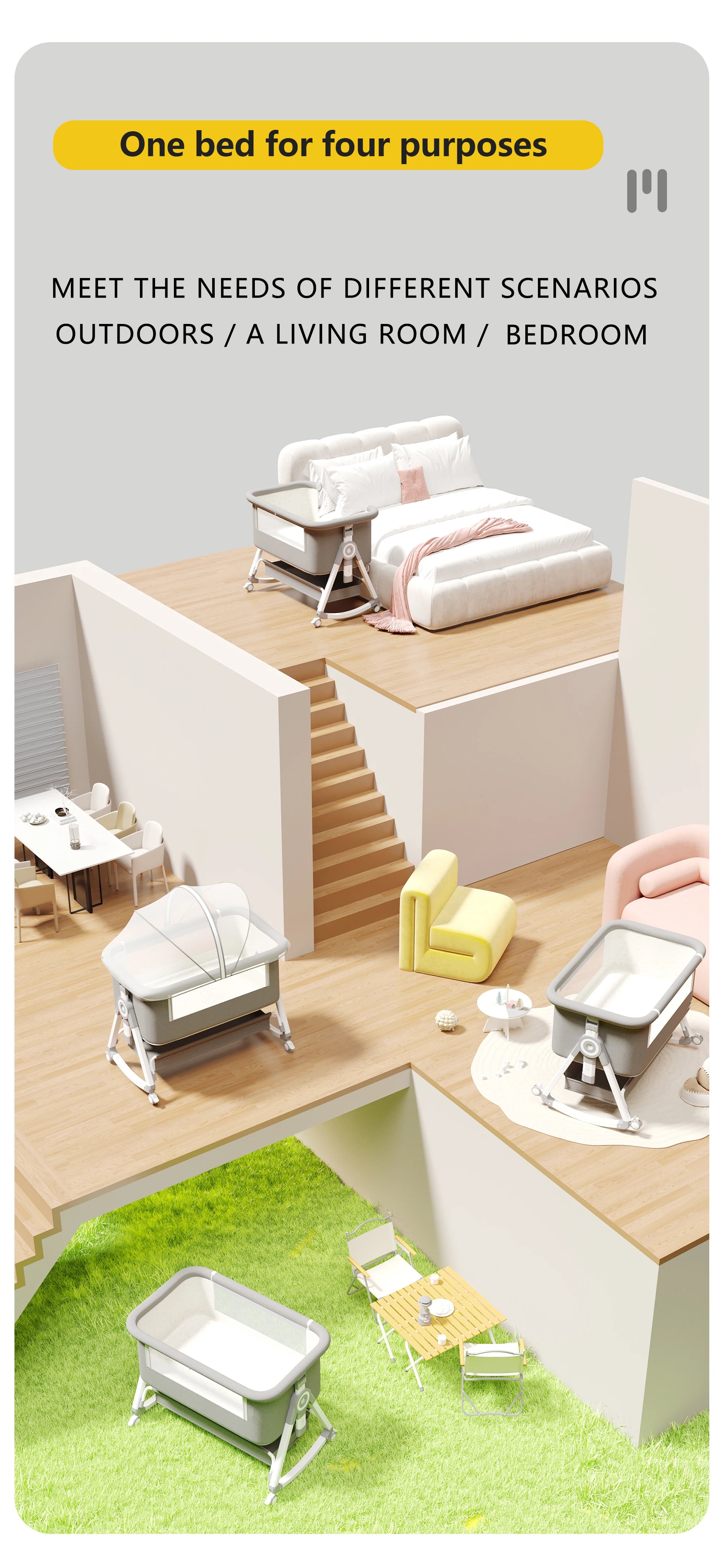 5-in-1 Baby Crib with Adjustable Height, Rocking Mode, Mosquito Net and Storage