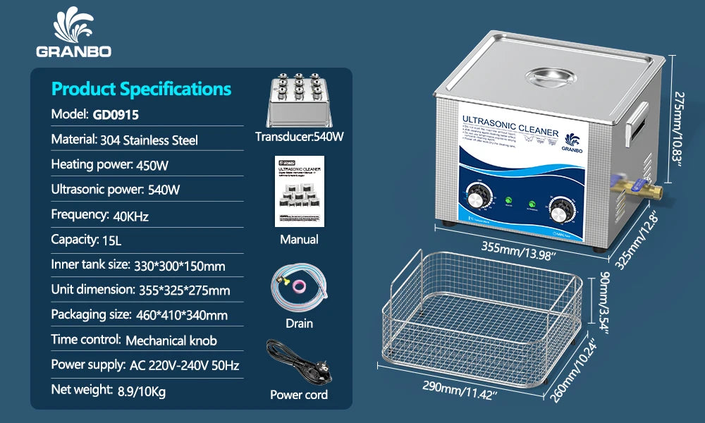 15L Ultrasonic Cleaner 40KHz 360–540W for Precision Parts Cleaning