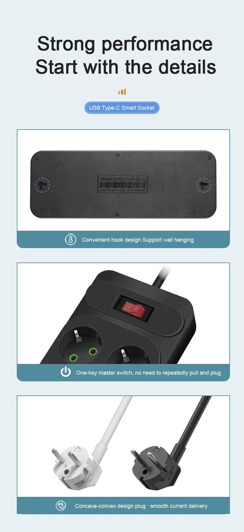 EU Plug AC Outlet Multitap Power Strip 2m Extension Cord Electrical Socket Smart USB Home Office Surge Protector Network Filter