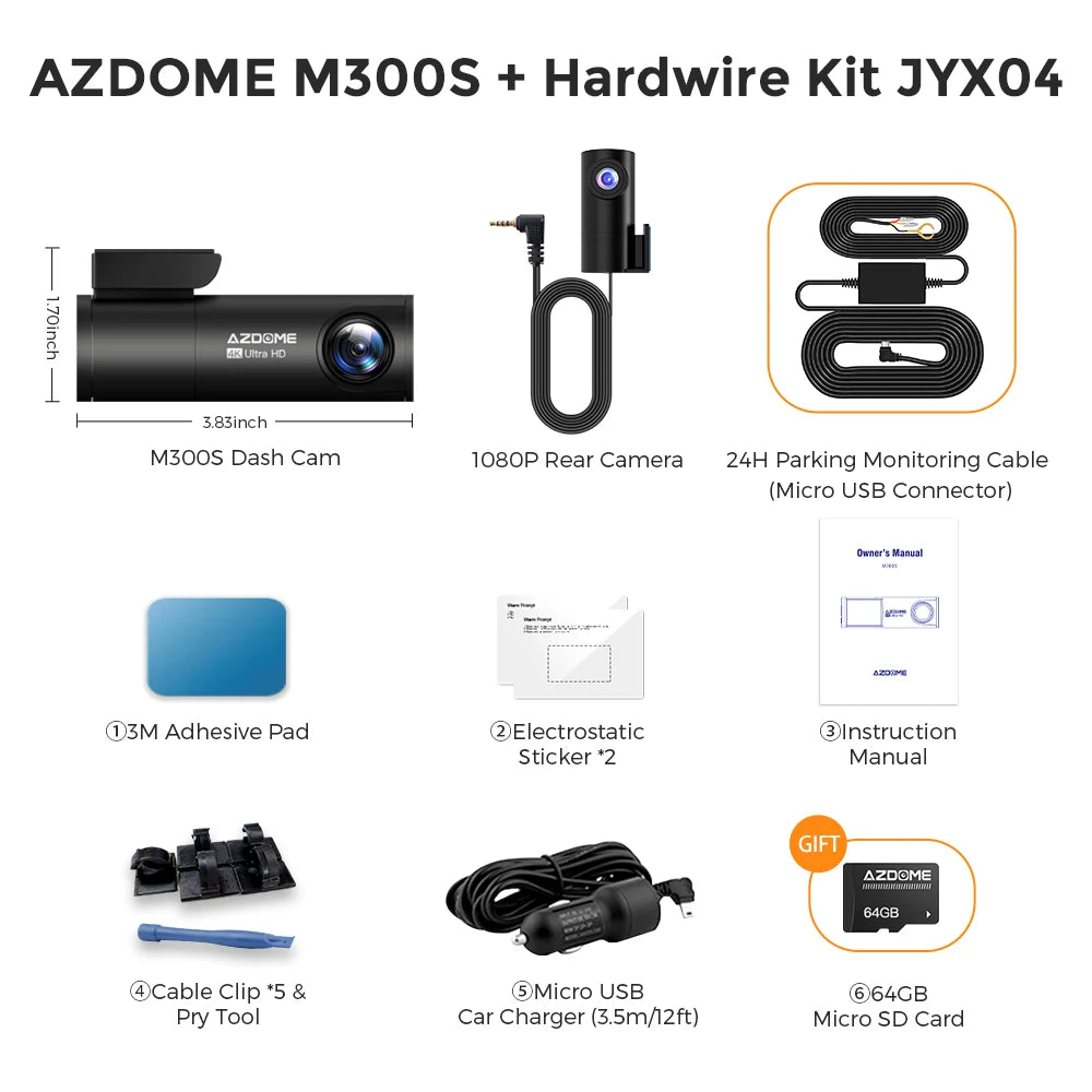 AZDOME M300S 4K Front and Rear Dash Cam with WiFi GPS
