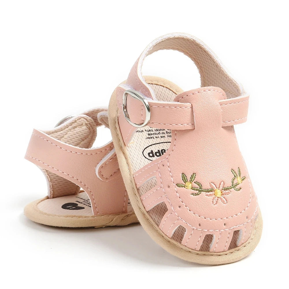 Newborn Baby Girl Sandals with Embroidered Floral Soft Sole