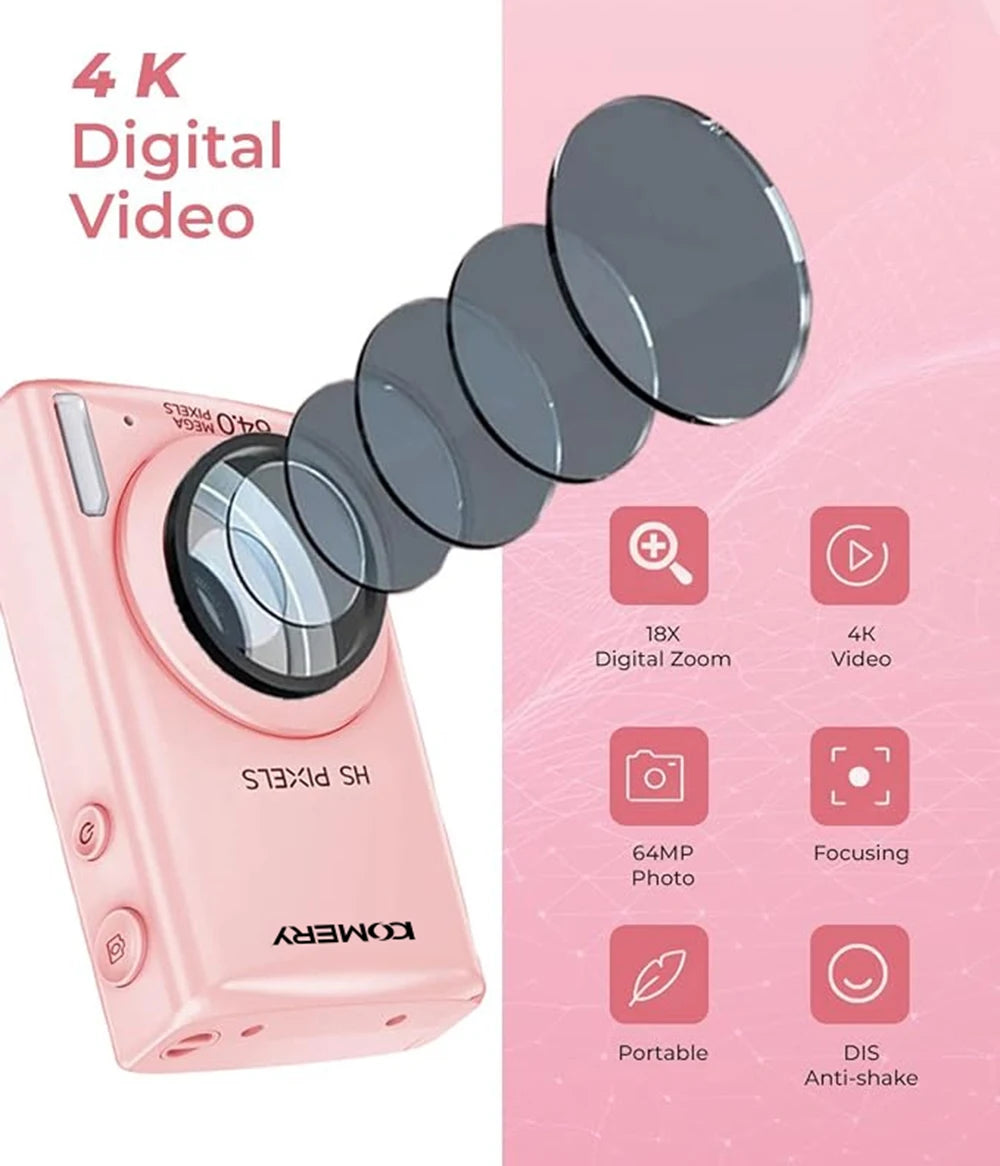 KOMERY 4K 64MP Digital Camera with 18X Zoom and Autofocus