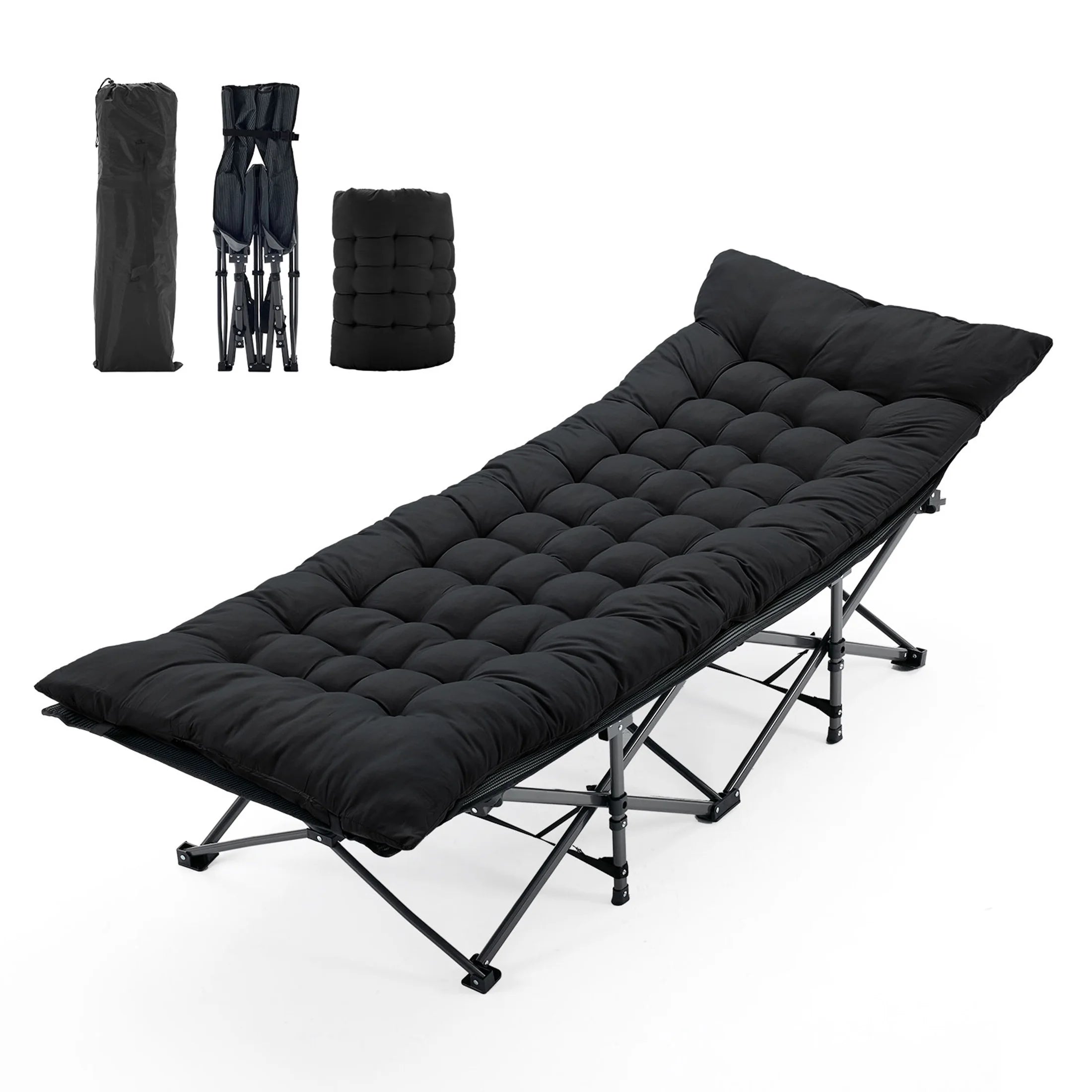 Folding Camping Lounge Chair Bed with Cushion, 440 lbs Support