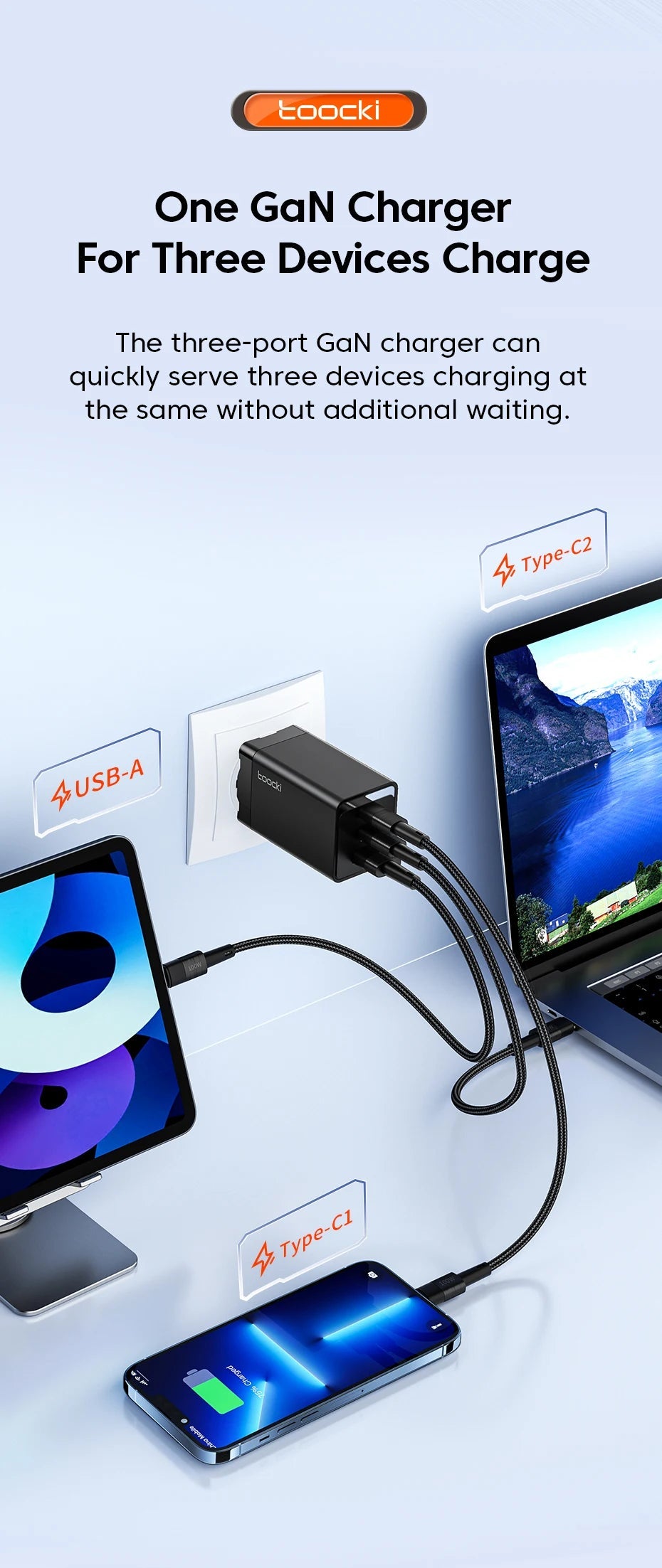 Toocki 67W GaN USB C Charger Fast Charging Multi-Color Type C Charger for Macook iPhone 15 14 13 12 Pro Max Samsung Xiaomi POCO